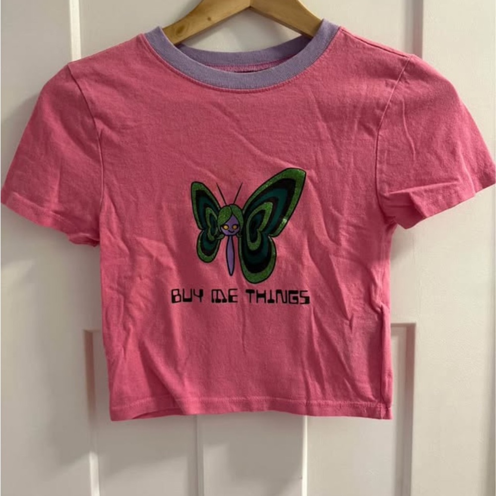 Urban Outfitters Pink Tee with Green Butterfly Graphic